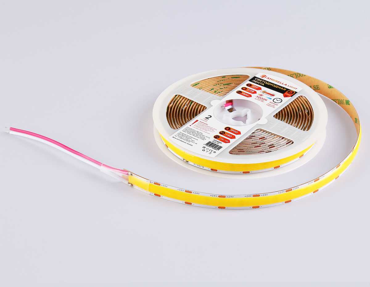 Светодиодная лента Ambrella Light GS4801 COB 616Led/19W m/ 24V IP20 3000K/ 5m*12mm*2mm (2 конт.) GS4801 5