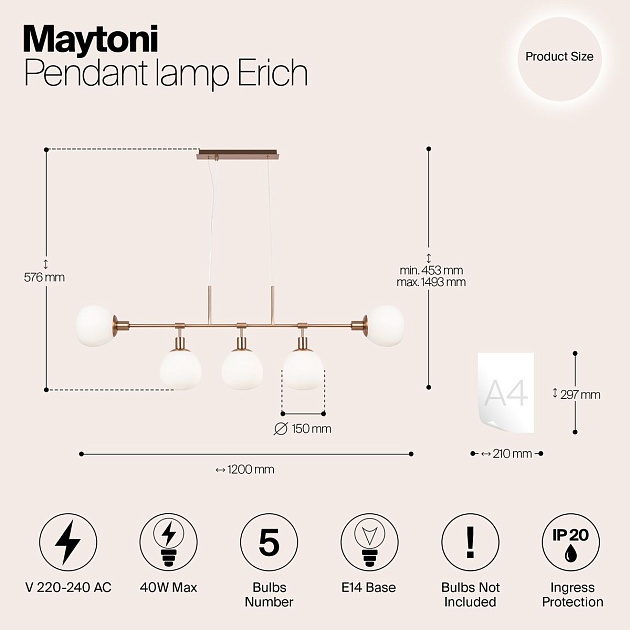 Подвесная люстра Maytoni Erich MOD221-PL-05-G изображение 2 Подвесная люстра Maytoni Erich MOD221-PL-05-G Фото № 2