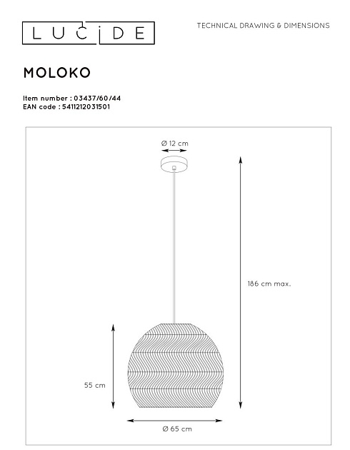 Подвесной светильник Lucide Moloko 03437/60/44 изображение 2 Подвесной светильник Lucide Moloko 03437/60/44 Фото № 2
