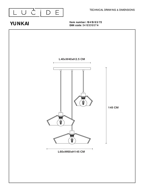 Подвесная люстра Lucide Yunkai 10413/03/72 Фото № 2