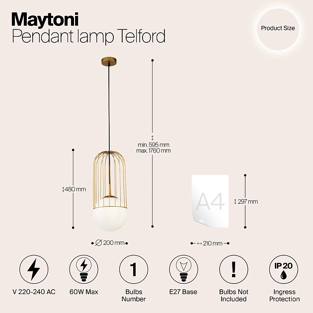 Подвесной светильник Maytoni Telford P363PL-01G Фото № 2