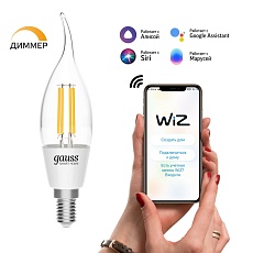 Лампа светодиодная диммируемая филаментная Gauss Smart Home Filament E14 4,5W 2700K прозрачная 1260112