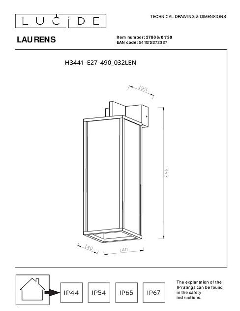 Уличный настенный светильник Lucide Laurens 27806/01/30 изображение 2 Уличный настенный светильник Lucide Laurens 27806/01/30 Фото № 2