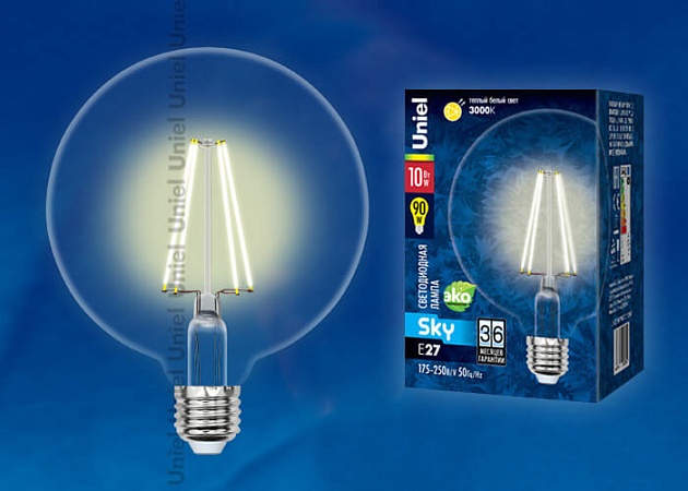 Лампа светодиодная филаментная Uniel E27 10W 3000K прозрачная LED-G125-10W/WW/E27/CL PLS02WH 10534 изображение 2 Лампа светодиодная филаментная Uniel E27 10W 3000K прозрачная LED-G125-10W/WW/E27/CL PLS02WH 10534 Фото № 2
