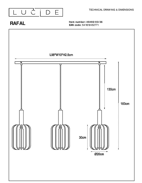 Подвесной светильник Lucide Rafal 45492/03/36 изображение 2 Подвесной светильник Lucide Rafal 45492/03/36 Фото № 2